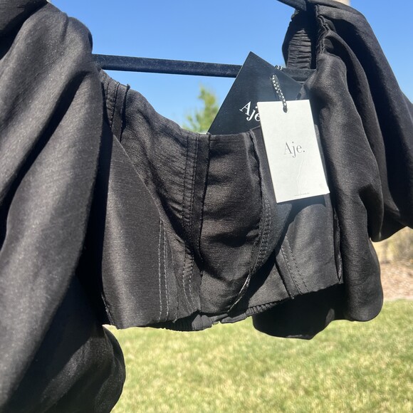 Aje Eugene Off The Shoulder Crop Top Black Puff Sleeves Size 16 US 12 Large NWT - Picture 7 of 8